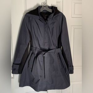Belted raincoat; hooded jacket